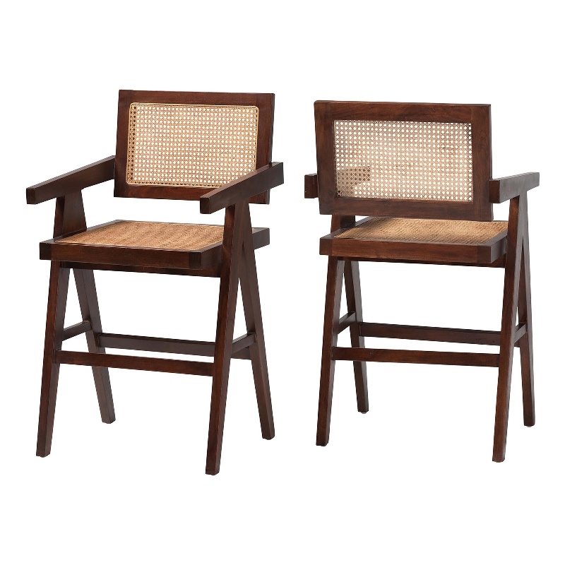 Pemberly Row Rattan Counter Stool Set of 2 with Mahogany Wood Frame