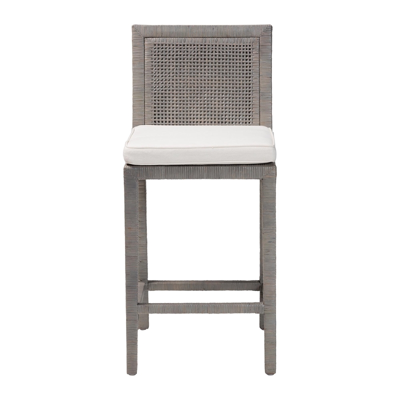 Pemberly Row Grey Rattan Counter Stool with Mahogany Frame and Footrest