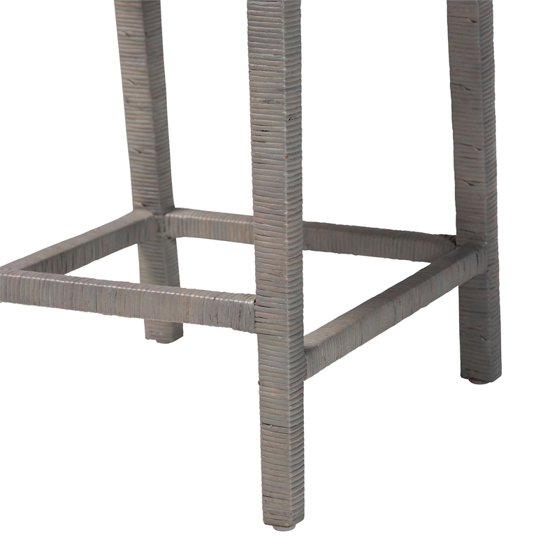 Pemberly Row Grey Rattan Counter Stool with Mahogany Frame and Footrest
