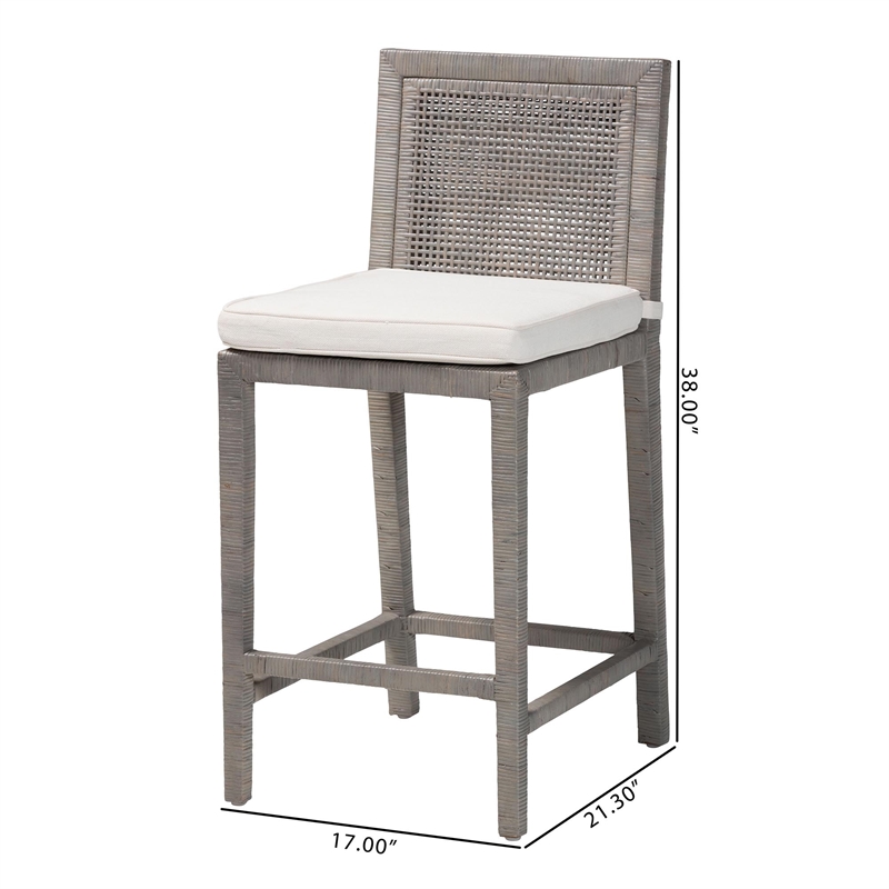 Pemberly Row Grey Rattan Counter Stool with Mahogany Frame and Footrest