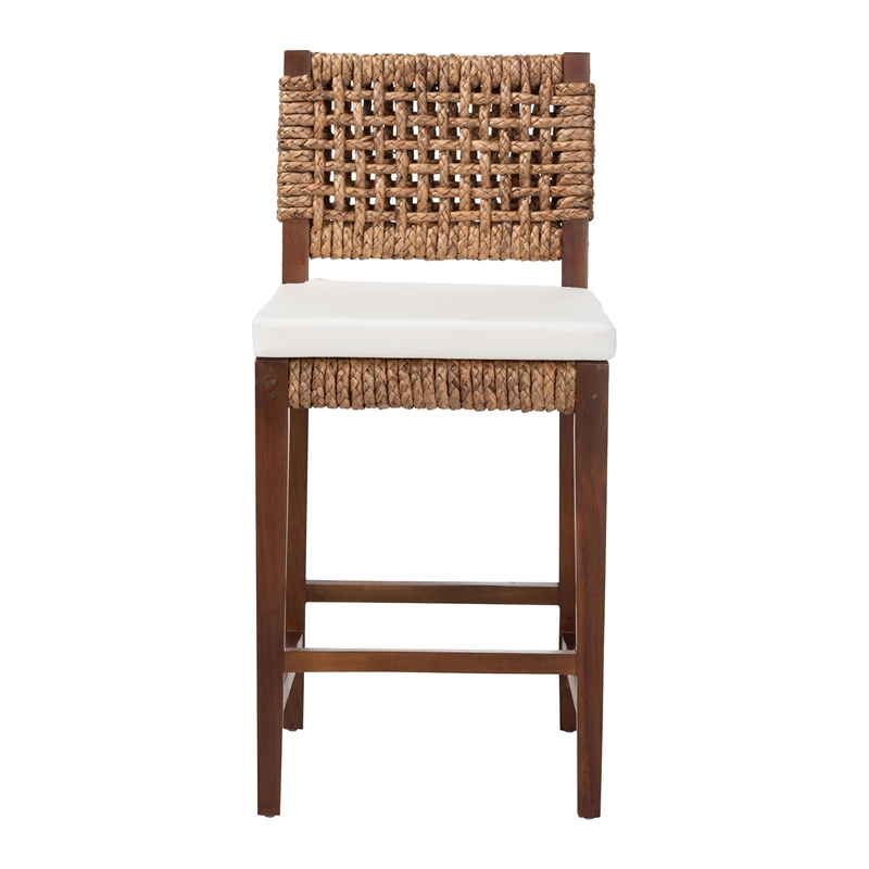 Pemberly Row Brown Seagrass Counter Stool with Mahogany Frame and Footrest