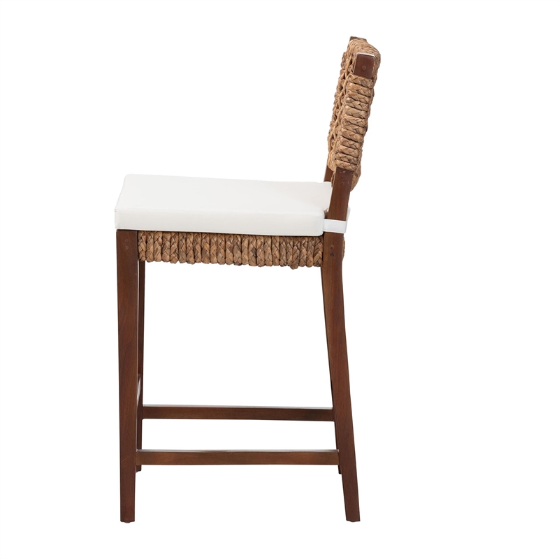 Pemberly Row Brown Seagrass Counter Stool with Mahogany Frame and Footrest