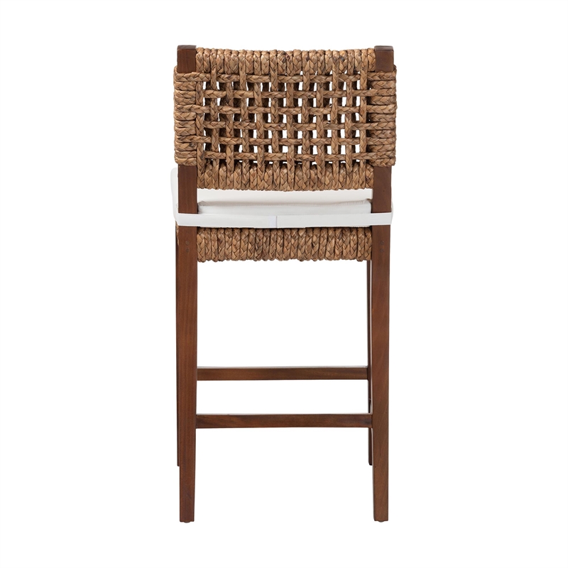 Pemberly Row Brown Seagrass Counter Stool with Mahogany Frame and Footrest