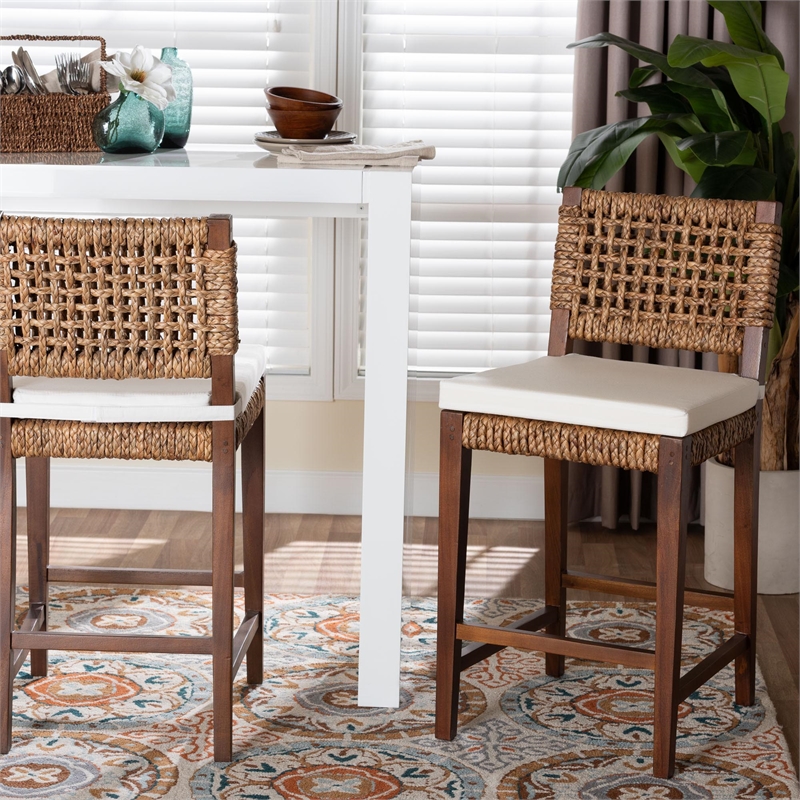 Pemberly Row Brown Seagrass Counter Stool with Mahogany Frame and Footrest