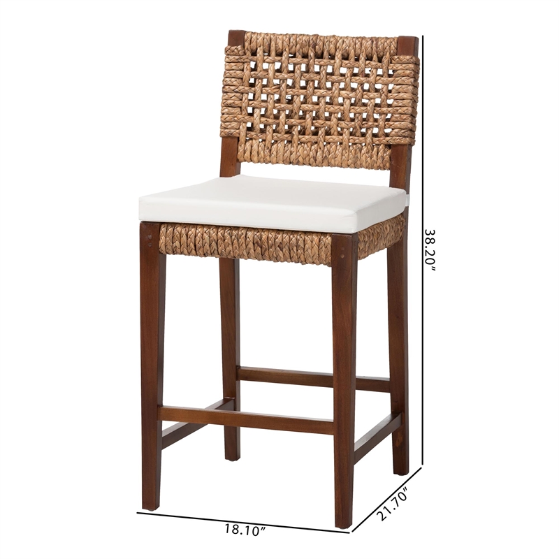 Pemberly Row Brown Seagrass Counter Stool with Mahogany Frame and Footrest