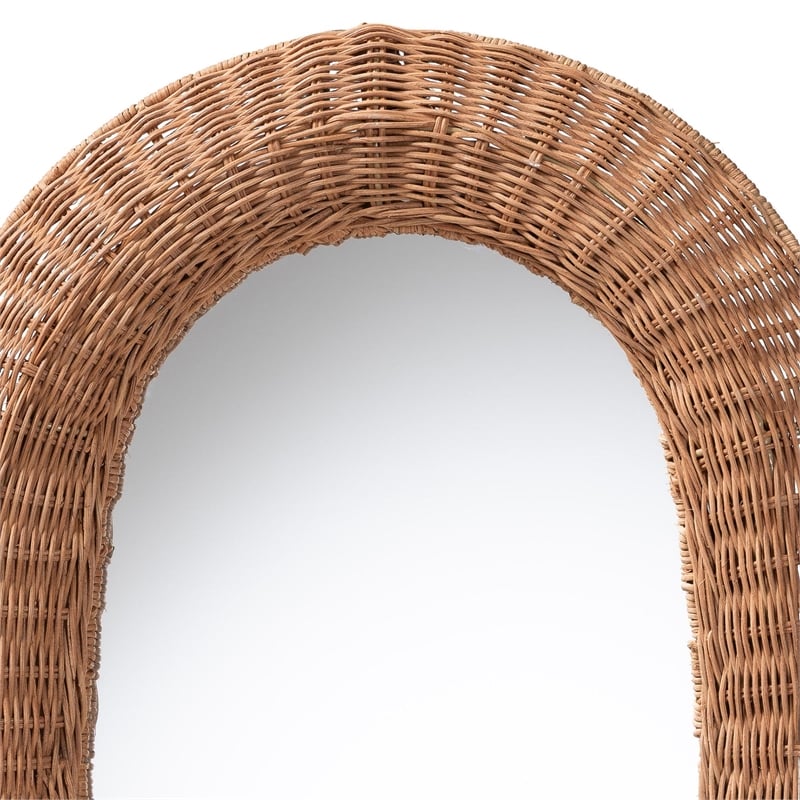 Pemberly Row Natural Rattan Oval Wall Mirror with Woven Pole Frame