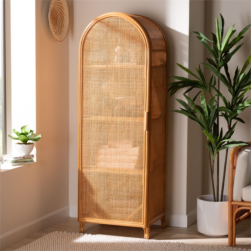 Pemberly Row Natural Rattan Arched Accent Cabinet with 4 Shelves