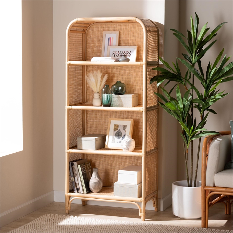 Pemberly Row Natural Rattan 4-Shelf Open Display Unit with Arched Frame