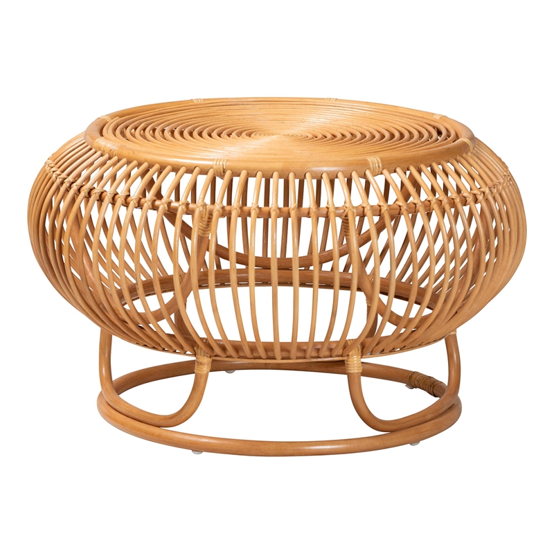 Pemberly Row Natural Rattan Round Lantern-Shaped Coffee Table