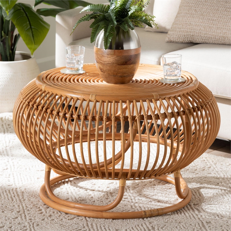 Pemberly Row Natural Rattan Round Lantern-Shaped Coffee Table
