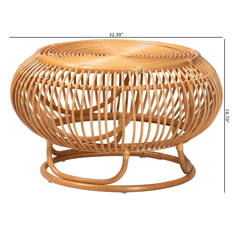 Pemberly Row Natural Rattan Round Lantern-Shaped Coffee Table