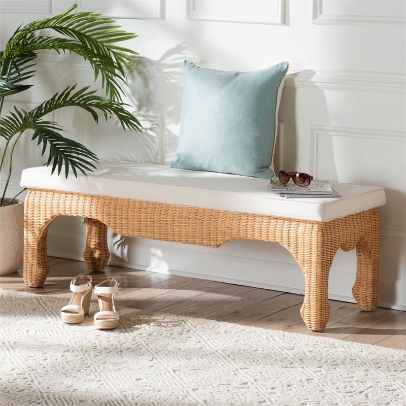 Pemberly Row Natural Rattan Ming-Style Accent Bench with Removable Cushion