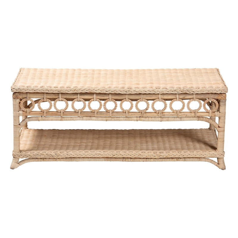 Pemberly Row Natural Rattan Coffee Table with Open Shelf and Braided Trim