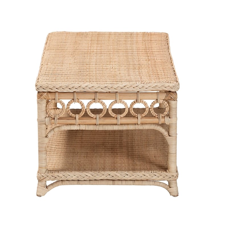 Pemberly Row Natural Rattan Coffee Table with Open Shelf and Braided Trim