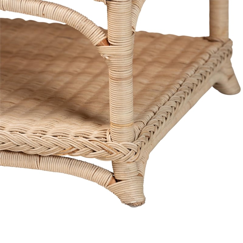 Pemberly Row Natural Rattan Coffee Table with Open Shelf and Braided Trim