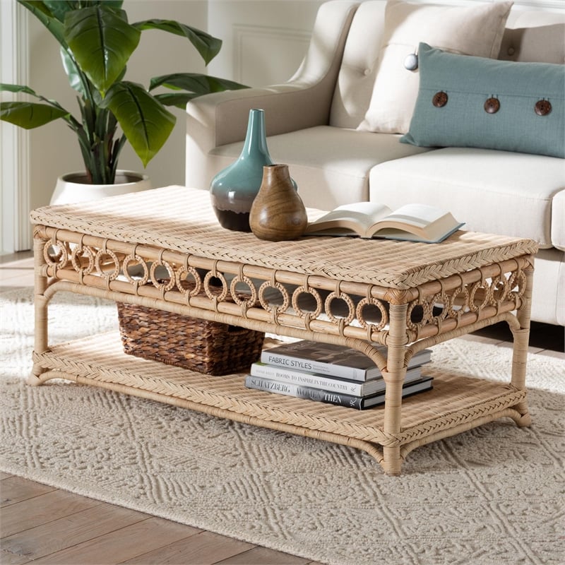 Pemberly Row Natural Rattan Coffee Table with Open Shelf and Braided Trim