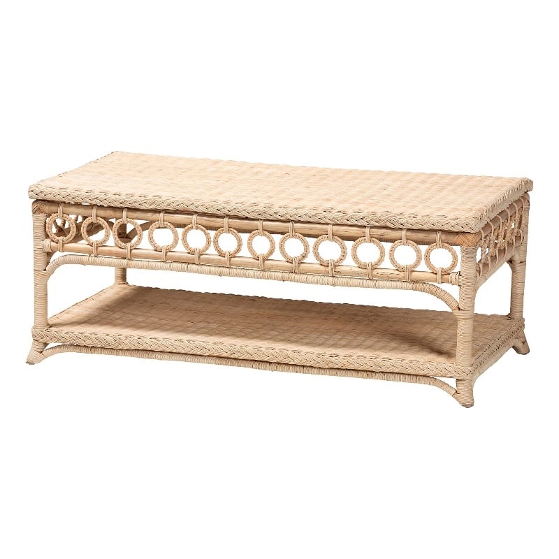 Pemberly Row Natural Rattan Coffee Table with Open Shelf and Braided Trim
