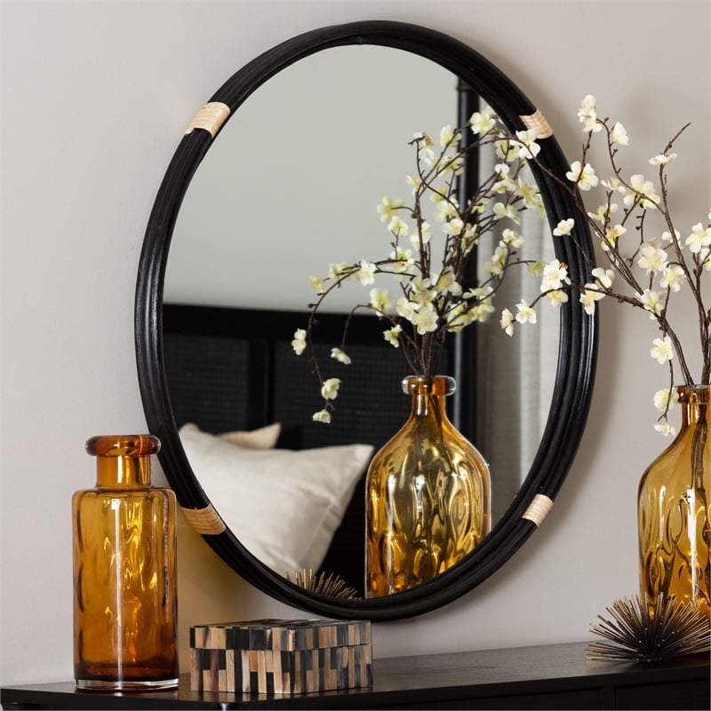 Pemberly Row Round Rattan Wall Mirror in Black with Woven Detailing
