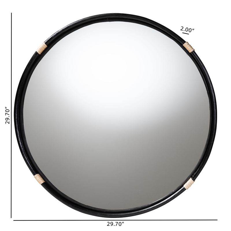 Pemberly Row Round Rattan Wall Mirror in Black with Woven Detailing