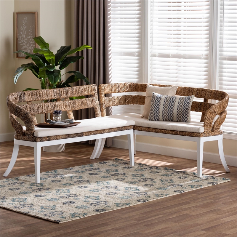 Pemberly Row 2-Piece Seagrass L-Shaped Corner Bench Set with Cushions