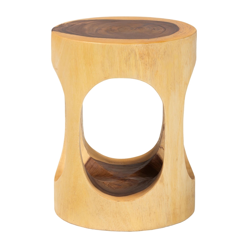 Pemberly Row Hand-Carved Suar Wood Barrel Side Table with Open Design