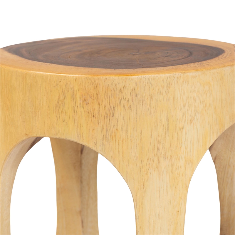 Pemberly Row Hand-Carved Suar Wood Barrel Side Table with Open Design
