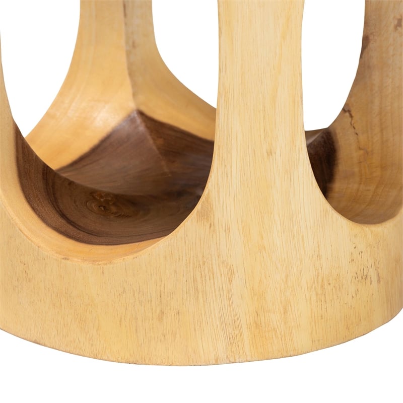 Pemberly Row Hand-Carved Suar Wood Barrel Side Table with Open Design