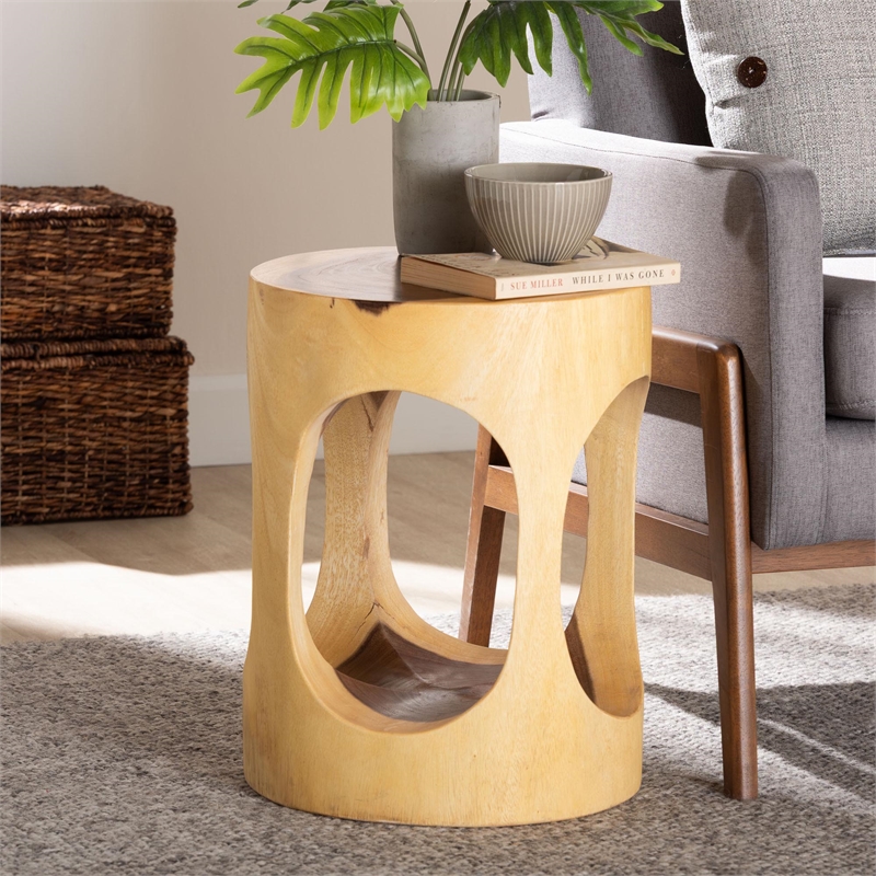 Pemberly Row Hand-Carved Suar Wood Barrel Side Table with Open Design
