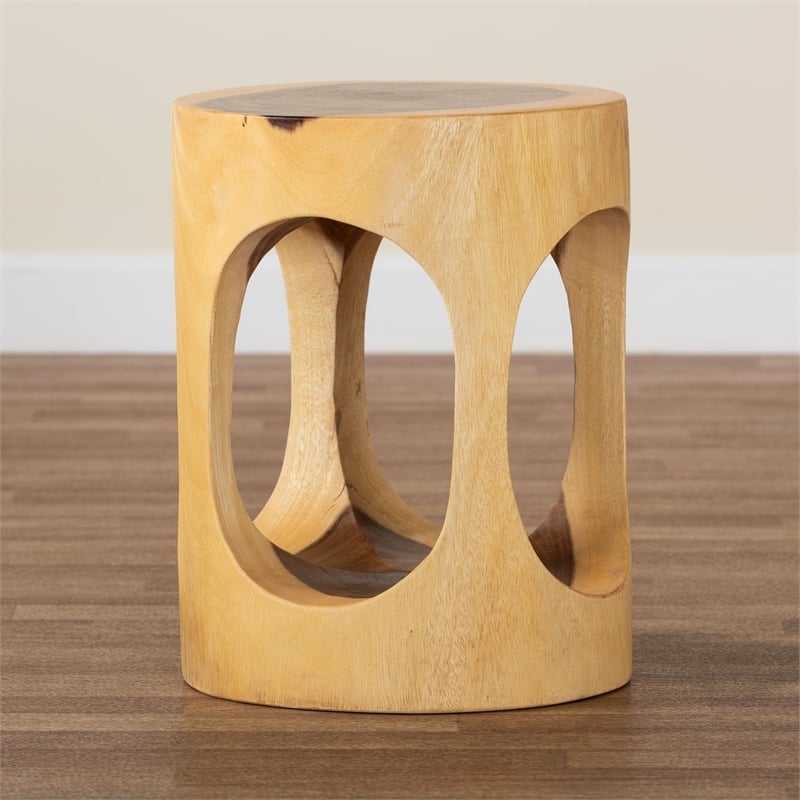 Pemberly Row Hand-Carved Suar Wood Barrel Side Table with Open Design