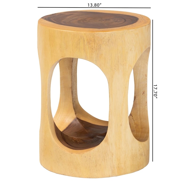 Pemberly Row Hand-Carved Suar Wood Barrel Side Table with Open Design