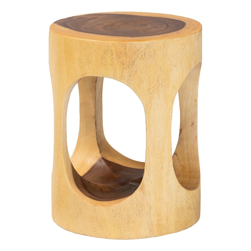 Pemberly Row Hand-Carved Suar Wood Barrel Side Table with Open Design