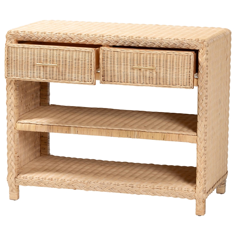 Pemberly Row Japandi Rattan Console Table with 2 Drawers and 2 Shelves