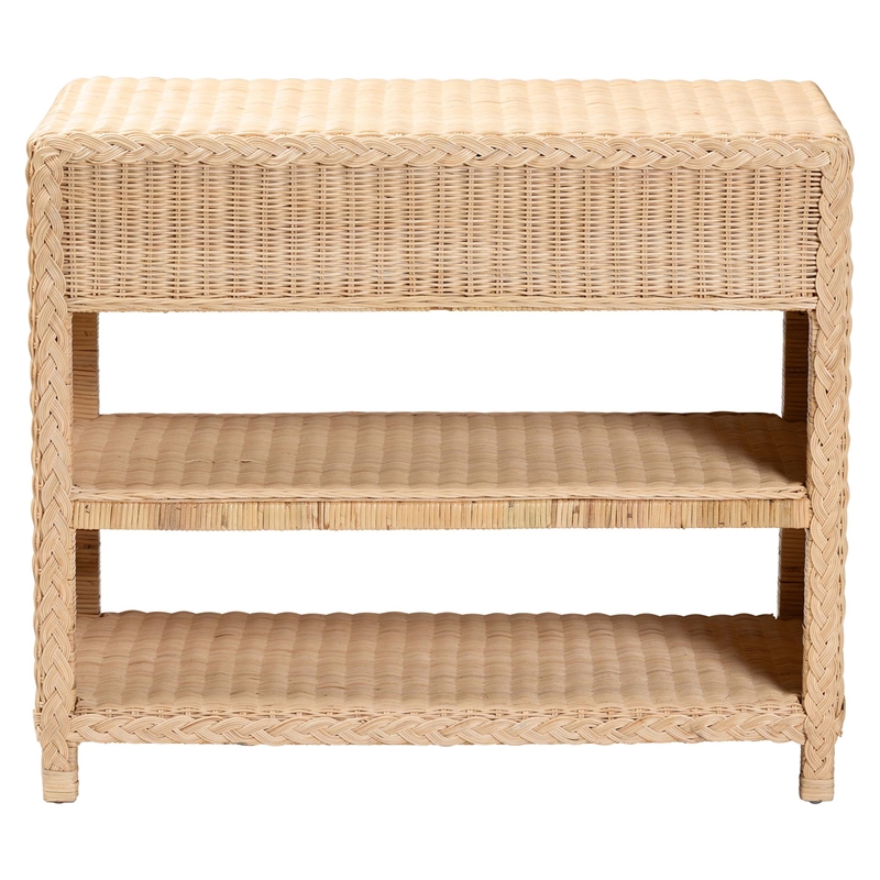 Pemberly Row Japandi Rattan Console Table with 2 Drawers and 2 Shelves