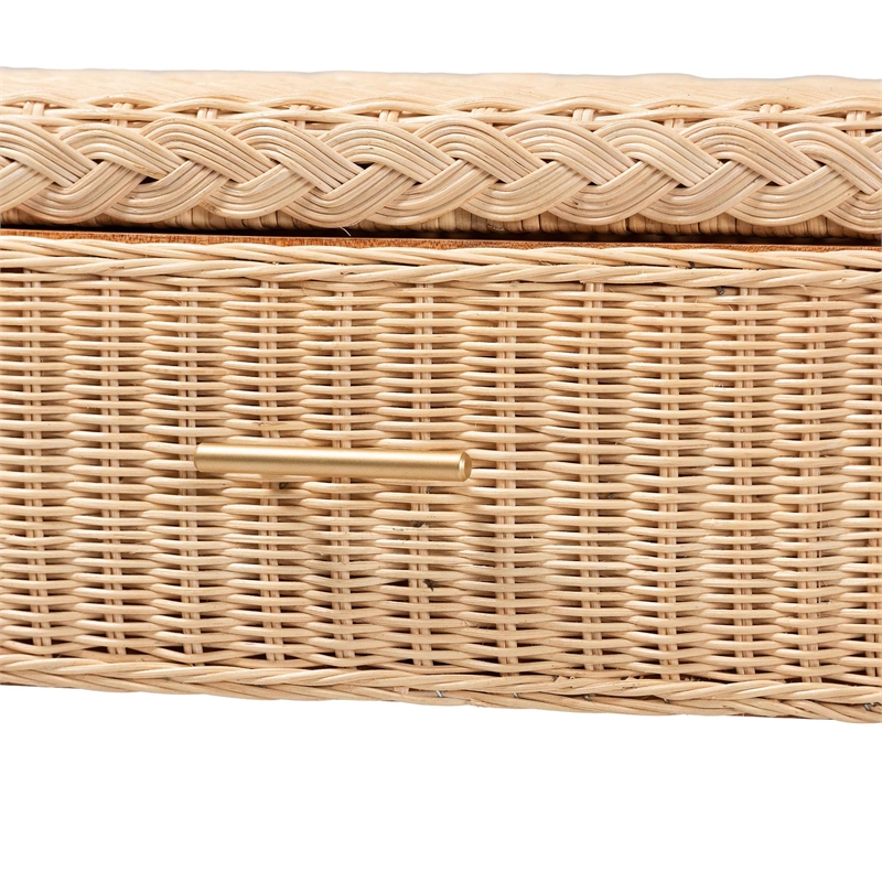 Pemberly Row Japandi Rattan Console Table with 2 Drawers and 2 Shelves