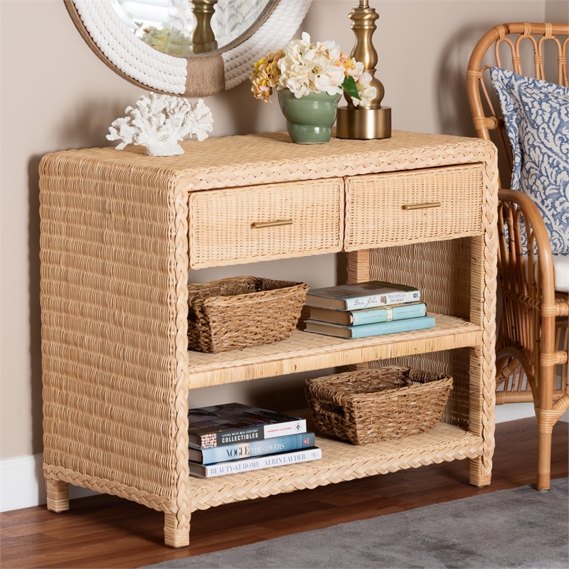 Pemberly Row Japandi Rattan Console Table with 2 Drawers and 2 Shelves
