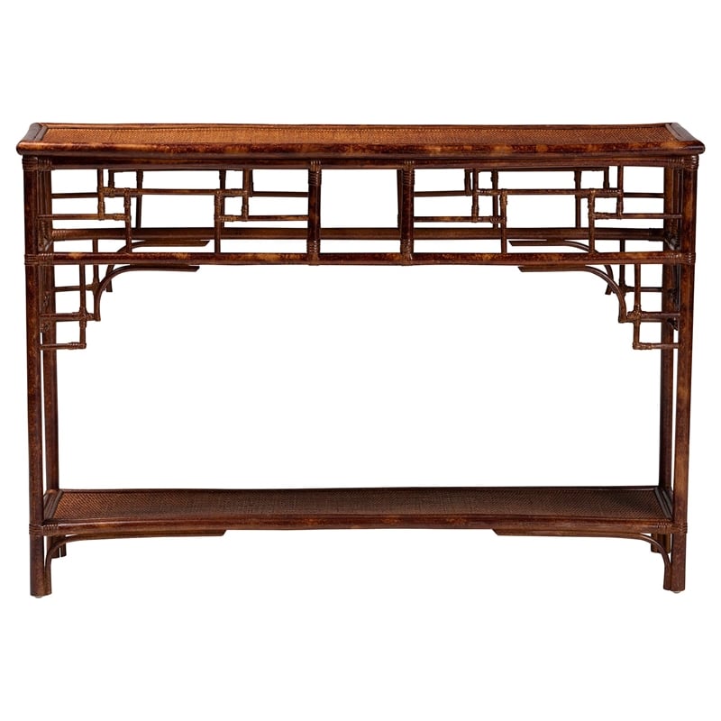 Pemberly Row Tortoise Finish Rattan Console Table with Open Shelf