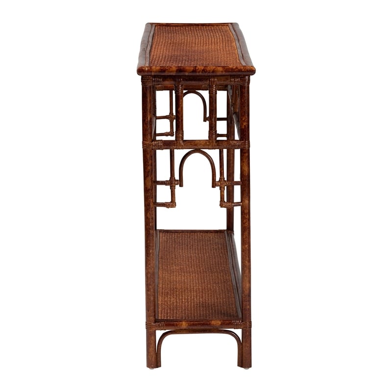 Pemberly Row Tortoise Finish Rattan Console Table with Open Shelf