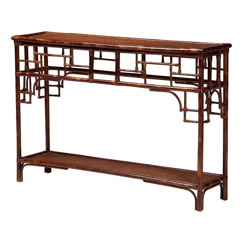Pemberly Row Tortoise Finish Rattan Console Table with Open Shelf