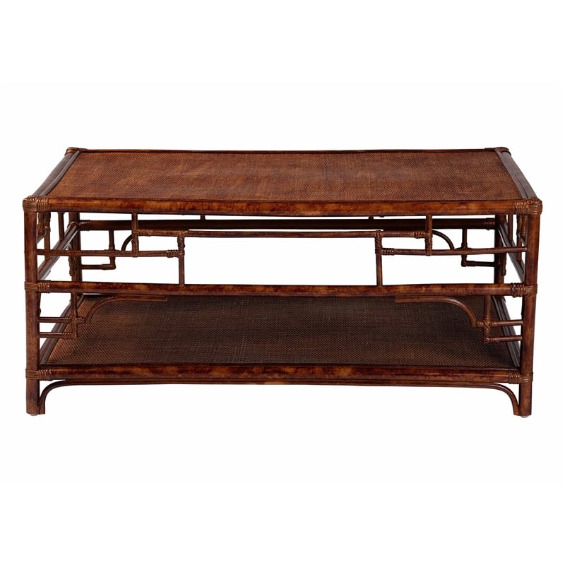 Pemberly Row Tortoise Finish Rattan Coffee Table with Open Shelf