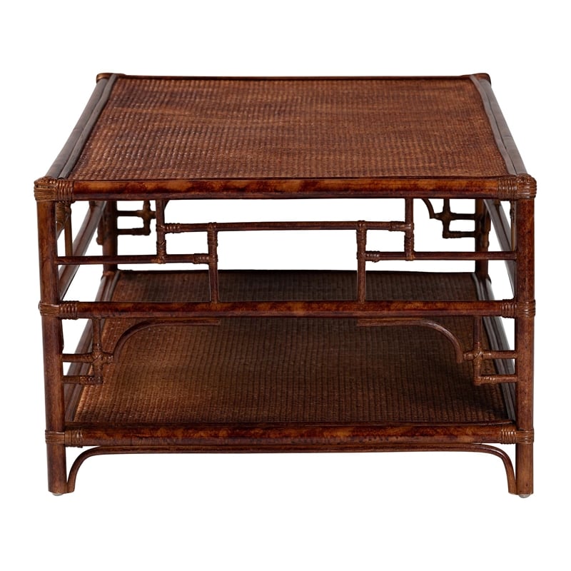 Pemberly Row Tortoise Finish Rattan Coffee Table with Open Shelf