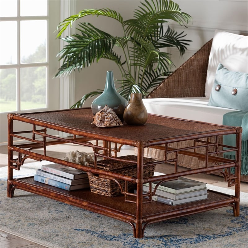 Pemberly Row Tortoise Finish Rattan Coffee Table with Open Shelf