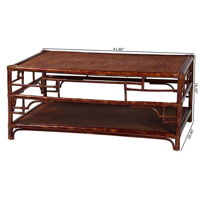 Pemberly Row Tortoise Finish Rattan Coffee Table with Open Shelf
