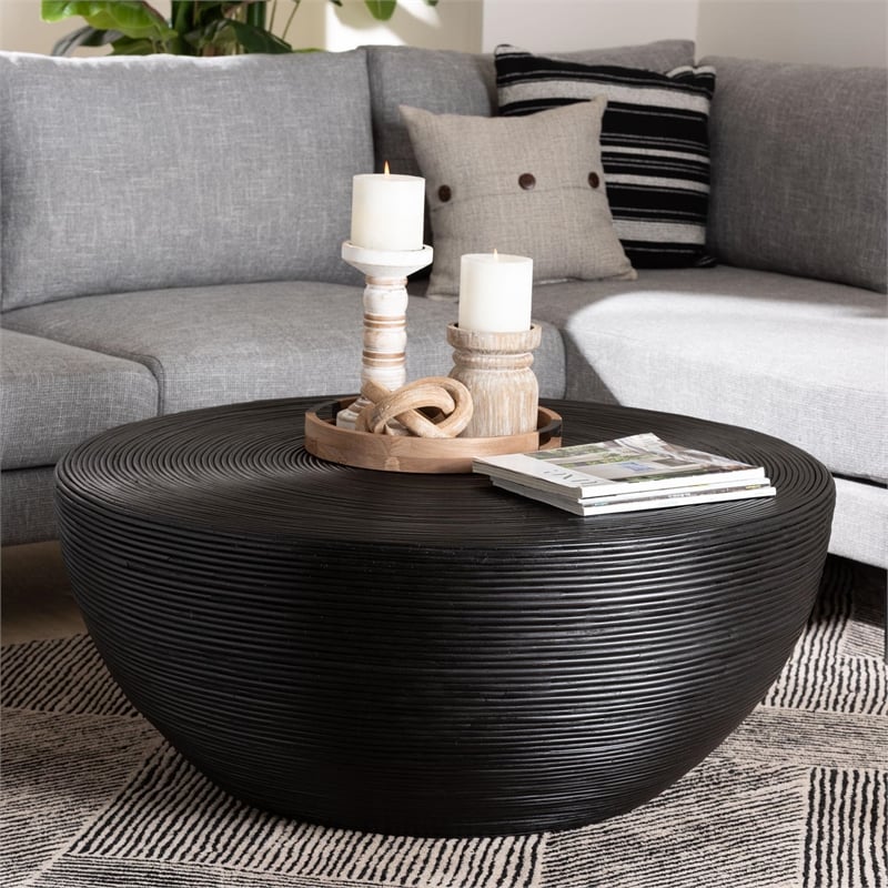Pemberly Row Laminated Natural Rattan Round Drum Coffee Table