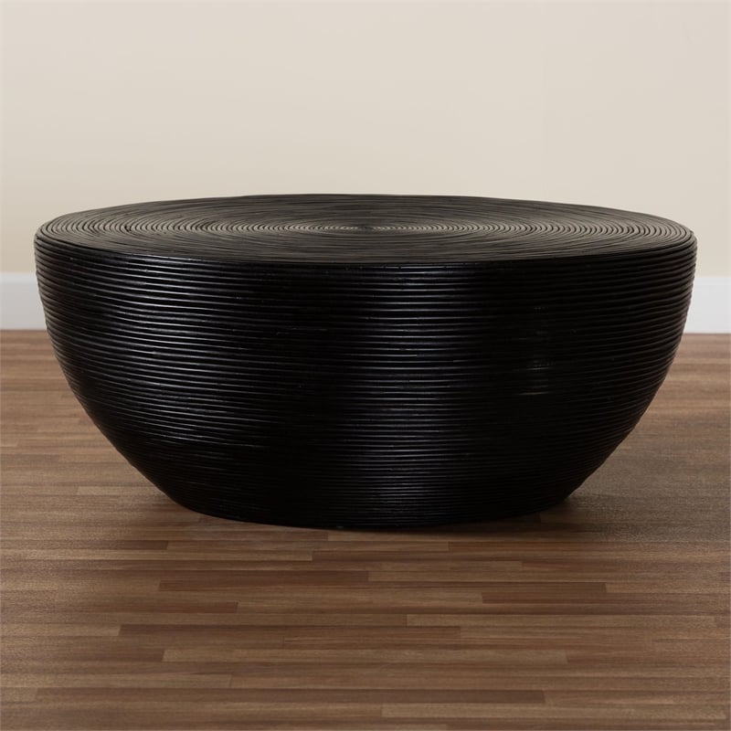 Pemberly Row Laminated Natural Rattan Round Drum Coffee Table