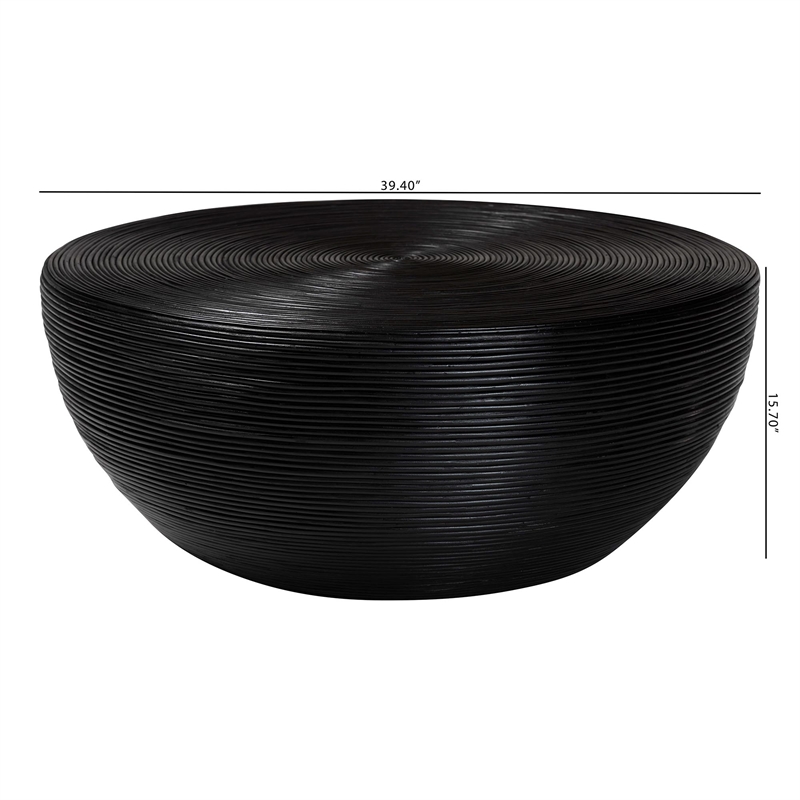 Pemberly Row Laminated Natural Rattan Round Drum Coffee Table