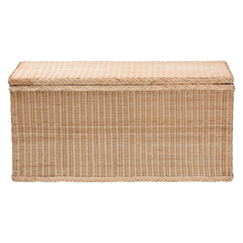 Pemberly Row Braided Rattan Storage Bench with Lift-Top and Mahogany Base