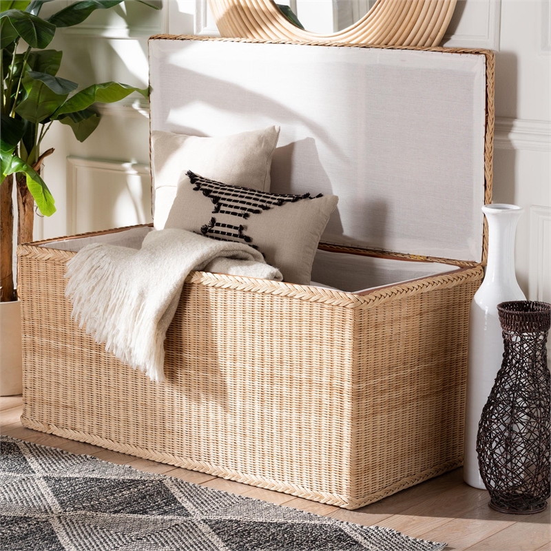 Pemberly Row Braided Rattan Storage Bench with Lift-Top and Mahogany Base