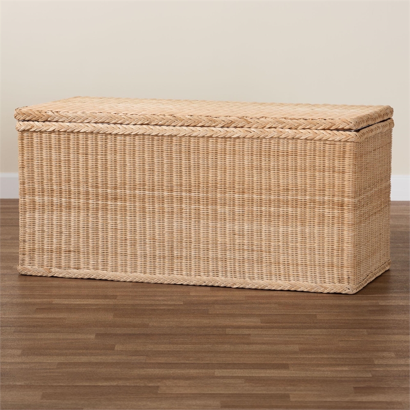 Pemberly Row Braided Rattan Storage Bench with Lift-Top and Mahogany Base