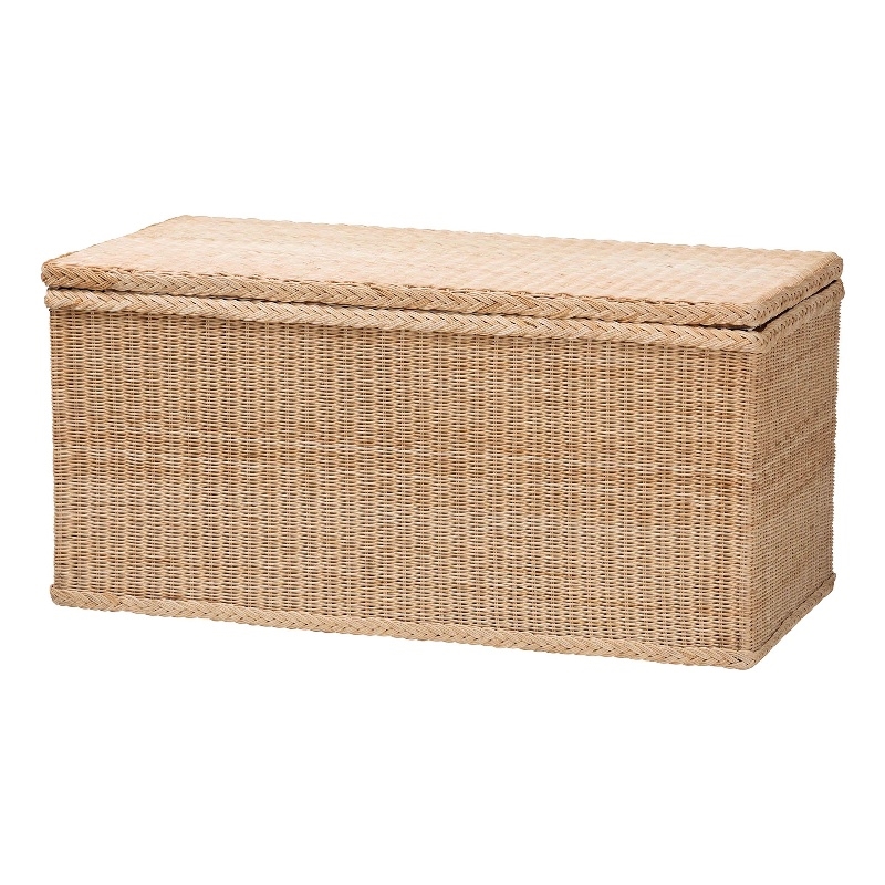 Pemberly Row Braided Rattan Storage Bench with Lift-Top and Mahogany Base