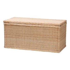 Pemberly Row Braided Rattan Storage Bench with Lift-Top and Mahogany Base